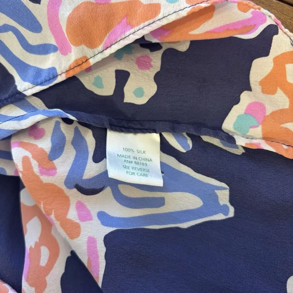 Lilly Pulitzer Top XS Navy Floral Alexandra Henley Long Sleeve Bright Pom Pom
